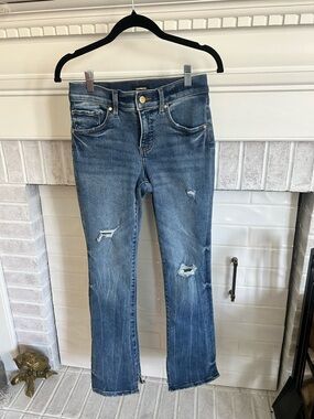 Express Women's Medium Blue Distressed Flare Jeans. Size 2S